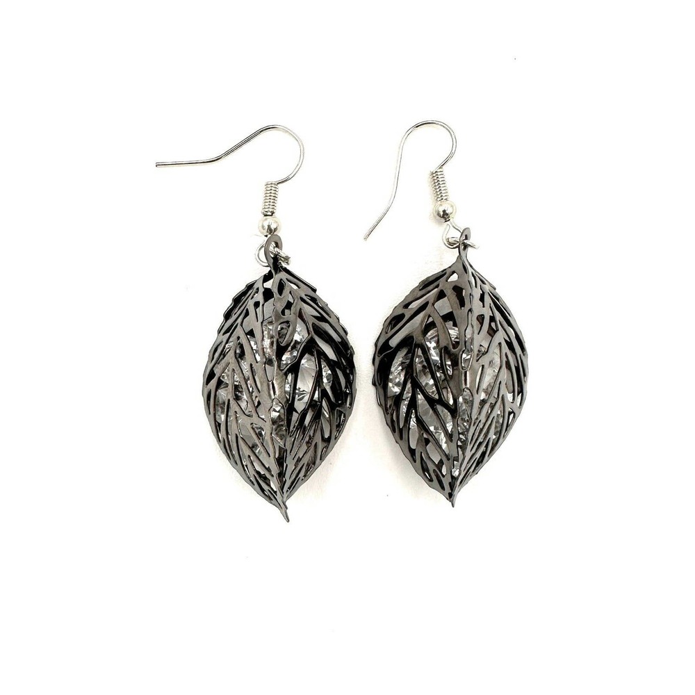 Antiqued Black Silver Filigree Oval Leaf Lightweight Hook Earrings Dangle Drop